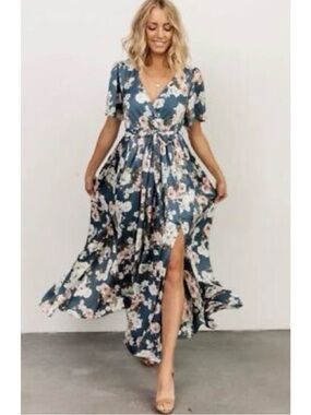 Baltic Born Sicily Floral Blue Belted Satin Maxi Dress Size L Flutter Sleeves